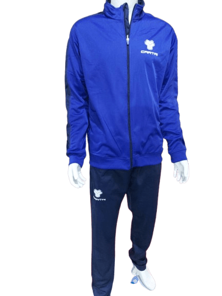 Cartri men's track suit in black with white accents, featuring a full zip jacket and matching athletic pants for sports or casual wear.