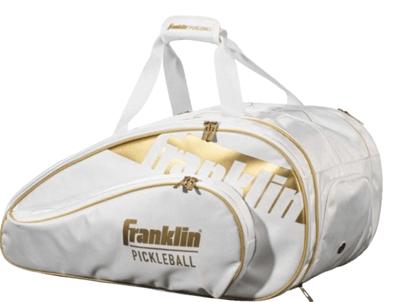 Franklin Pro Series Pickleball Bag in white and gold with multiple compartments and adjustable shoulder straps.