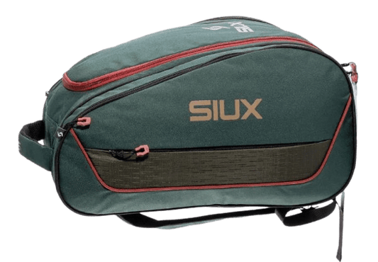 Green SIUX Edge padel bag with multiple compartments and padded straps, designed for sports gear storage.