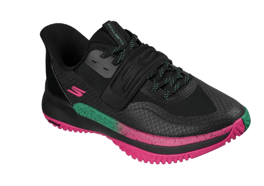 Skechers men's Viper Court Elite 2.0 shoes in black and burgundy with a sleek athletic design and lace-up closure.