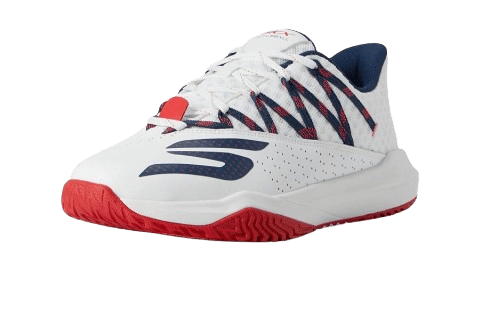 Skechers men's Viper Court Rally shoes in white, navy, and red with sporty design and lace-up closure.