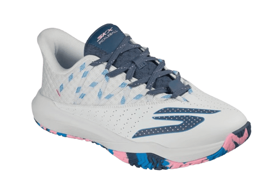 Skechers men's Viper Court Rally shoes in white with pink and blue accents, athletic footwear for casual and sports wear.