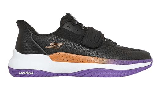Black and multi-colored Skechers Viper Court Elite 2.0 women's shoes with sporty design and comfortable sole.